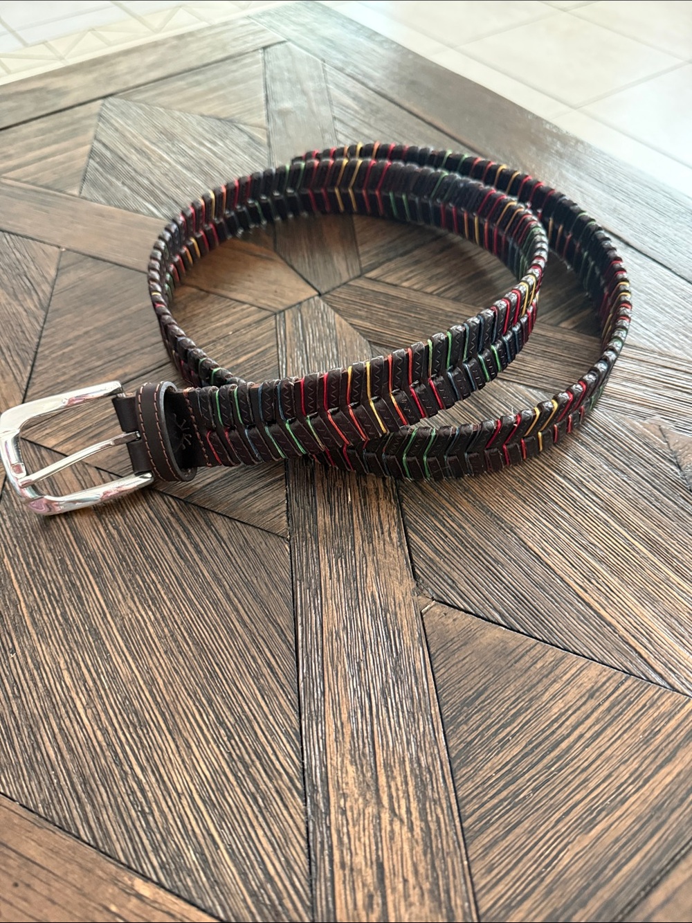 Martin Dingman Livingston Hand Laced Belt Brown Leather Multi Color Woven Sz 40